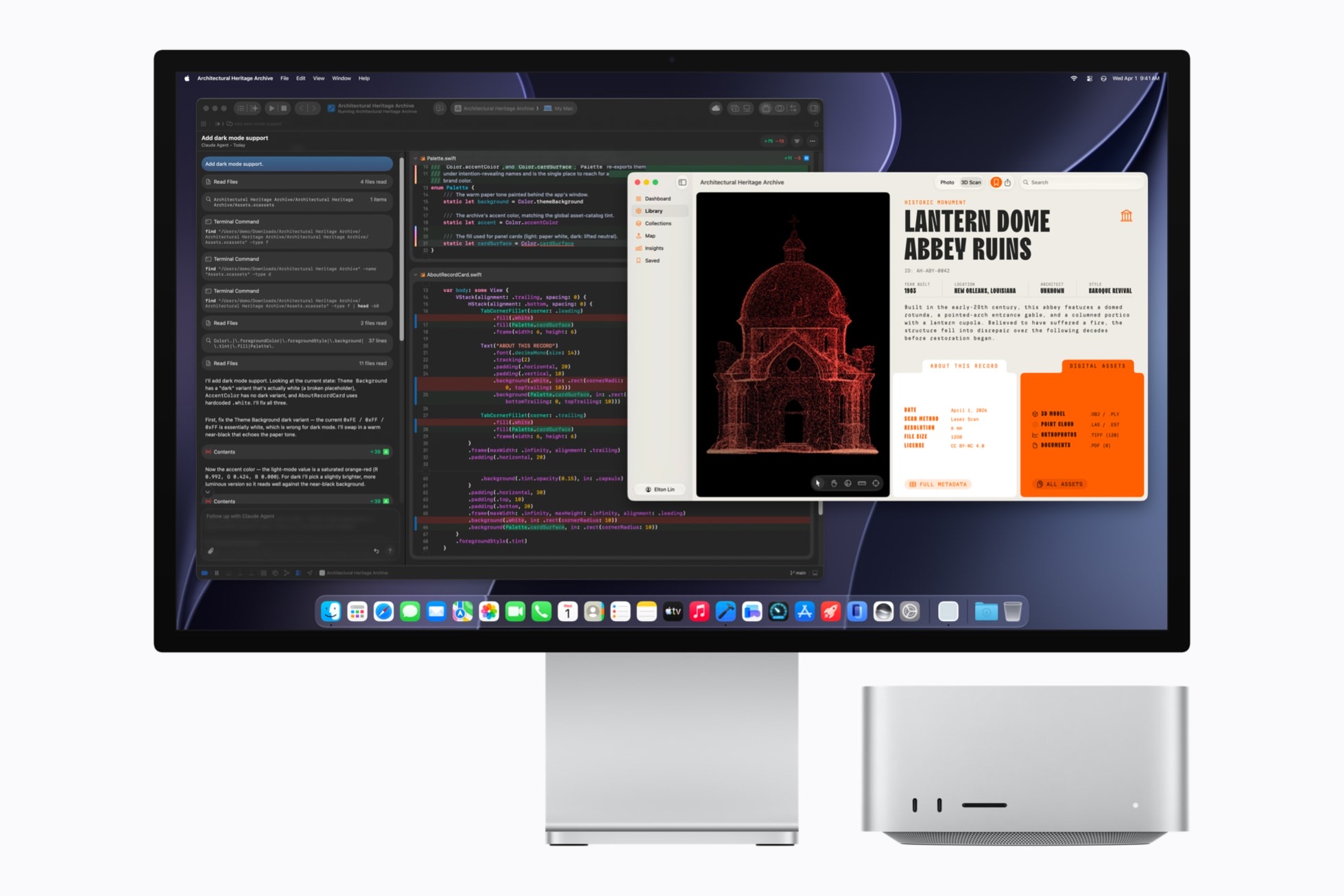 Mac Studio beside a Studio Display running Xcode with Claude